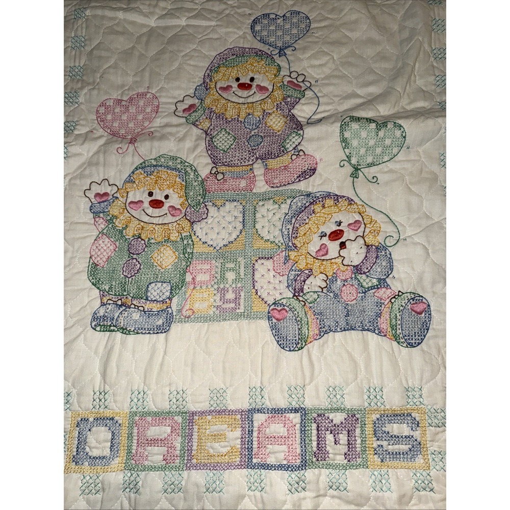 Sweet Dreams Baby Quilt Cross Stitch Throw Blanket‎ Clowns Balloons vintage - Picture 2 of 8